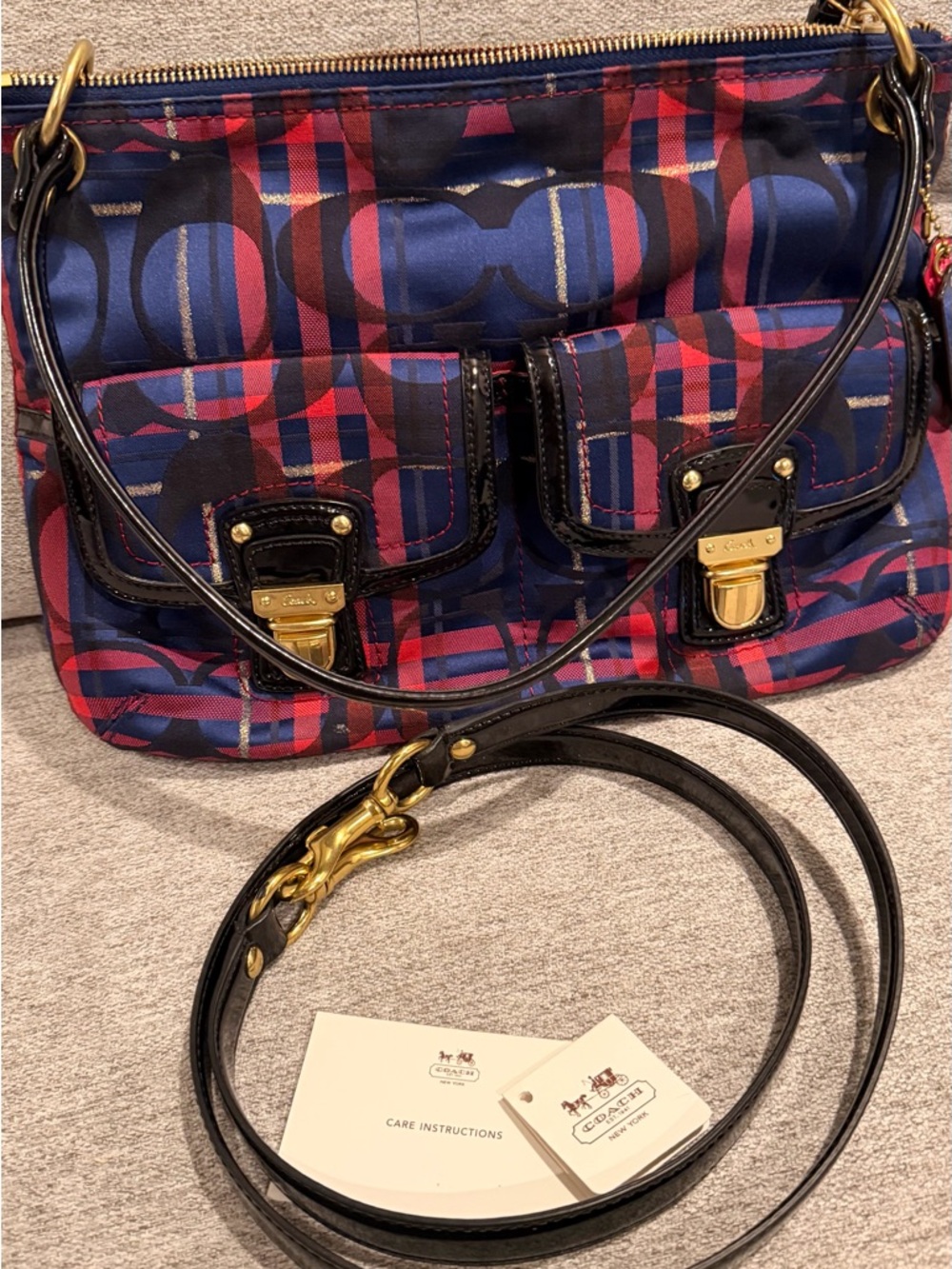 Coach Navy and Red Plaid Signature Shoulder Bag